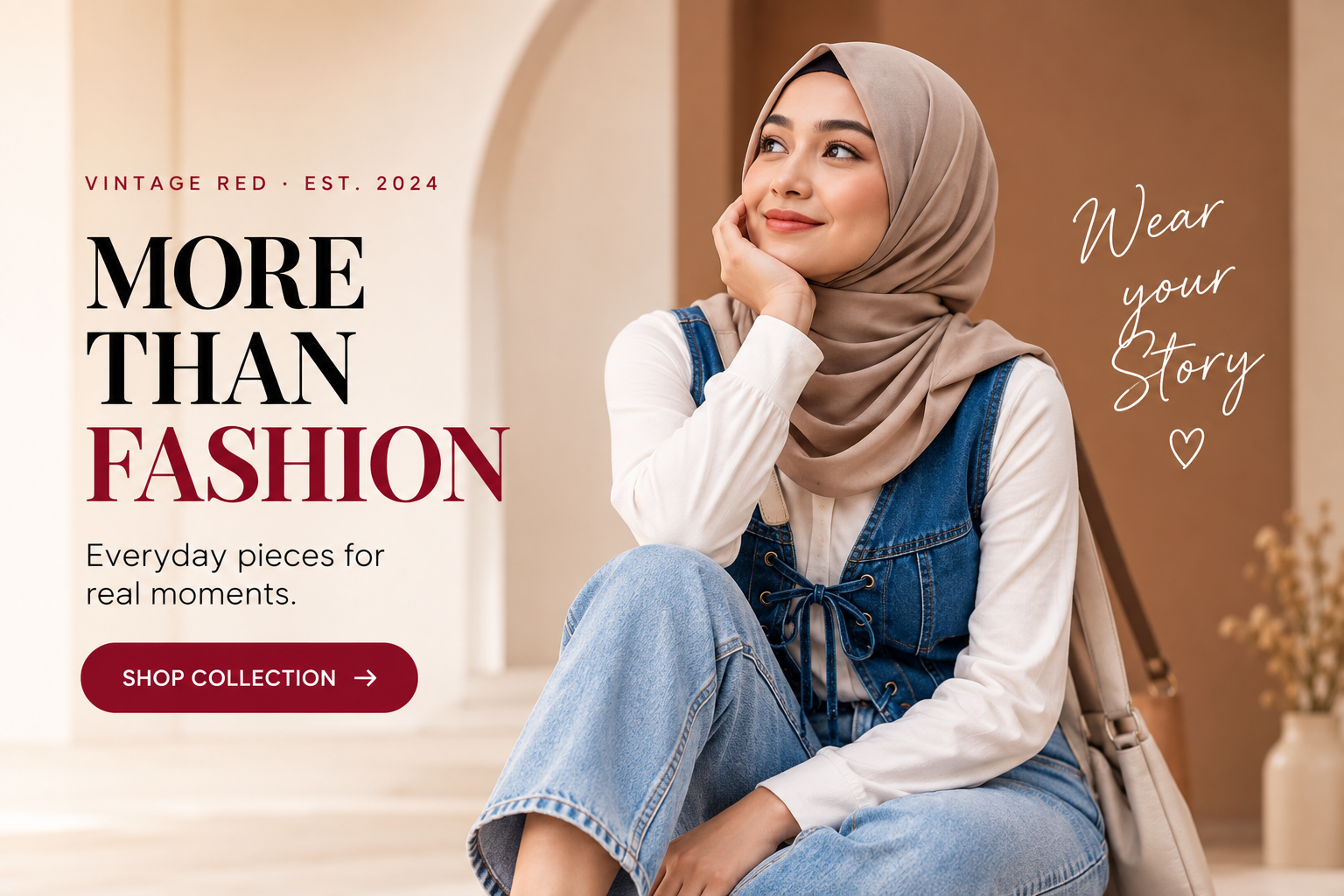 Vintage Red — More than fashion. Everyday pieces for real moments. A model in a taupe hijab, white long-sleeve top, and blue denim vest, seated in a warm editorial interior.